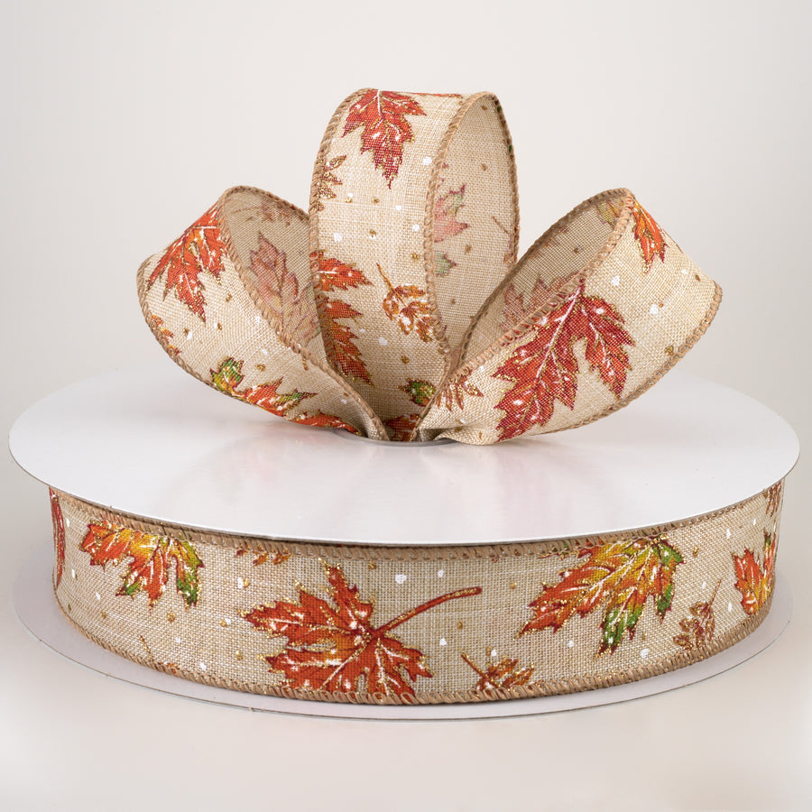 1.5" Glittered Fall Leaves & Snow Flurries Ribbon (50 Yards)