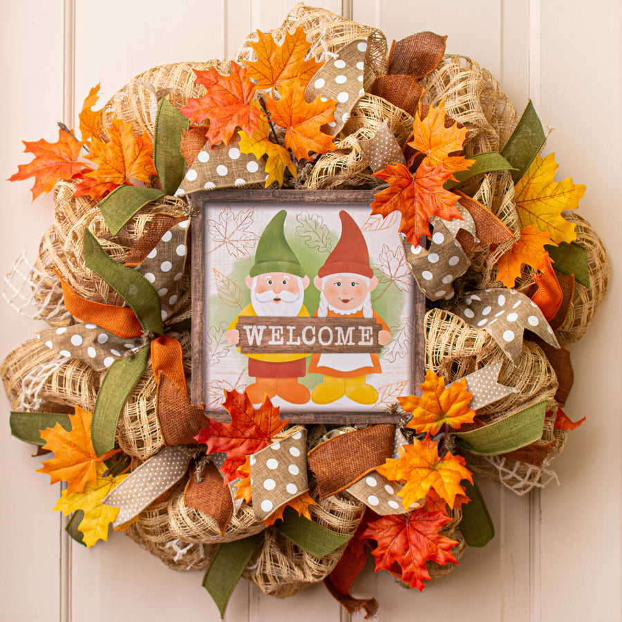 10" Square Wooden Sign: Fall Garden Welcome Gnomes