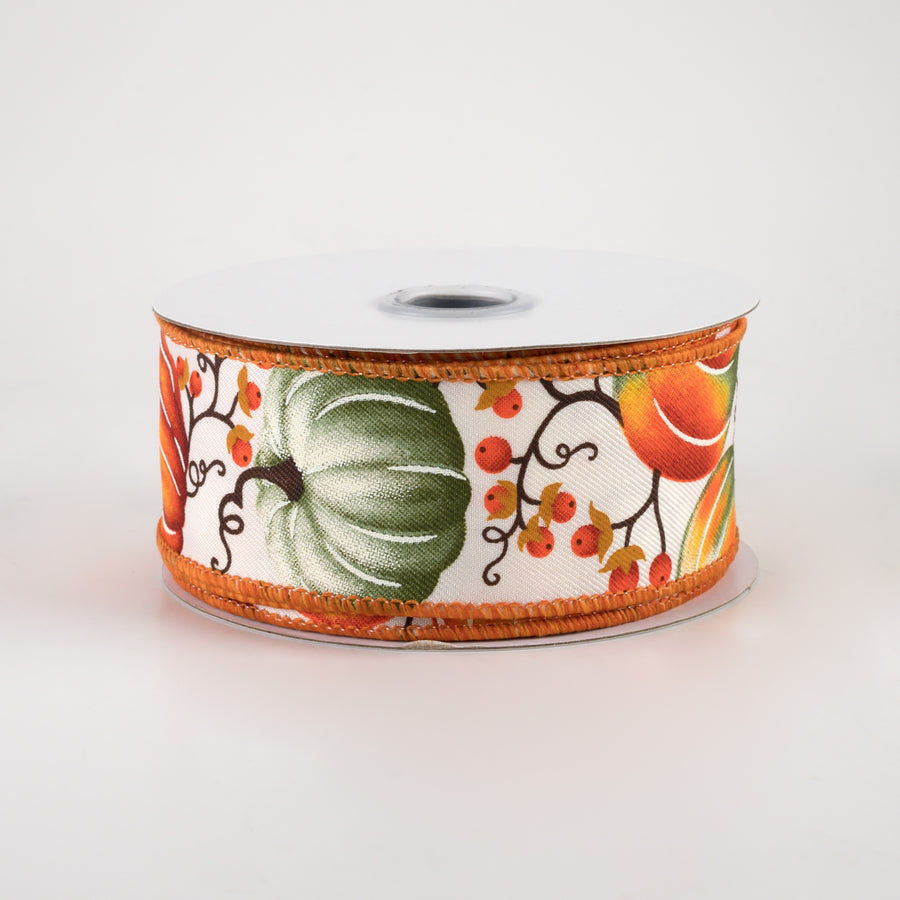 1.5" Pumpkins Bittersweet Ribbon: Ivory, Orange, Dark Moss (10 Yards)