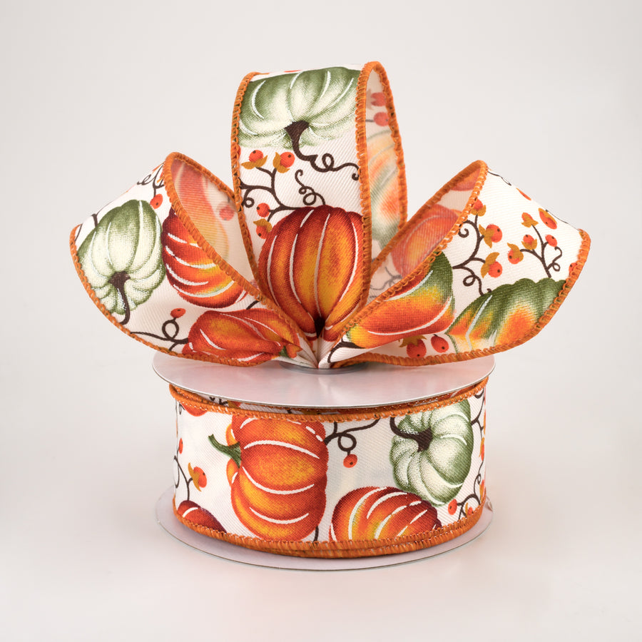 1.5" Pumpkins Bittersweet Ribbon: Ivory, Orange, Dark Moss (10 Yards)