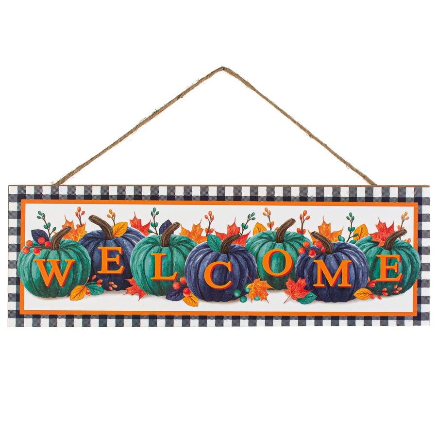 15" Wooden Sign: Welcome Pumpkins Smoke Blue & Teal