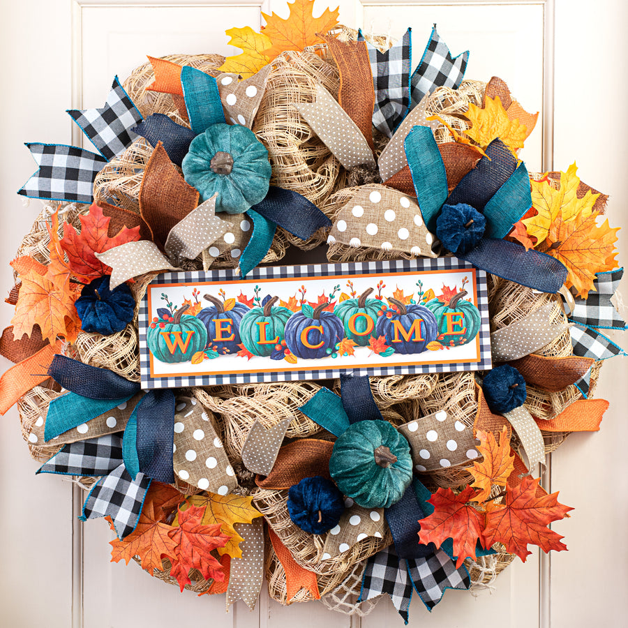 15" Wooden Sign: Welcome Pumpkins Smoke Blue & Teal