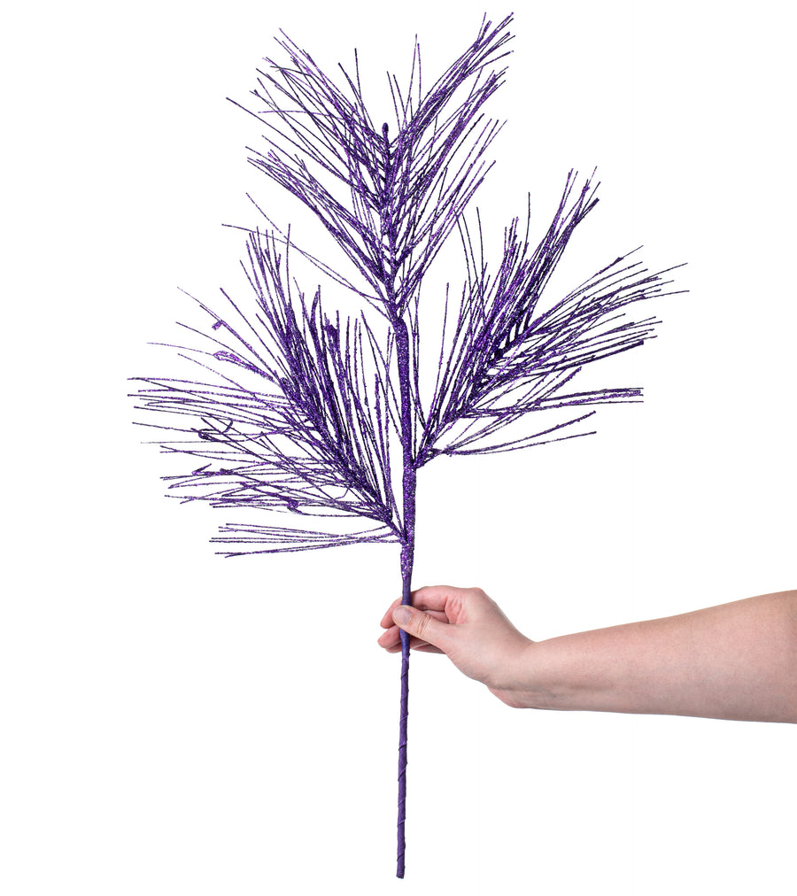 28" Glitter Pine Needle Spray: Purple