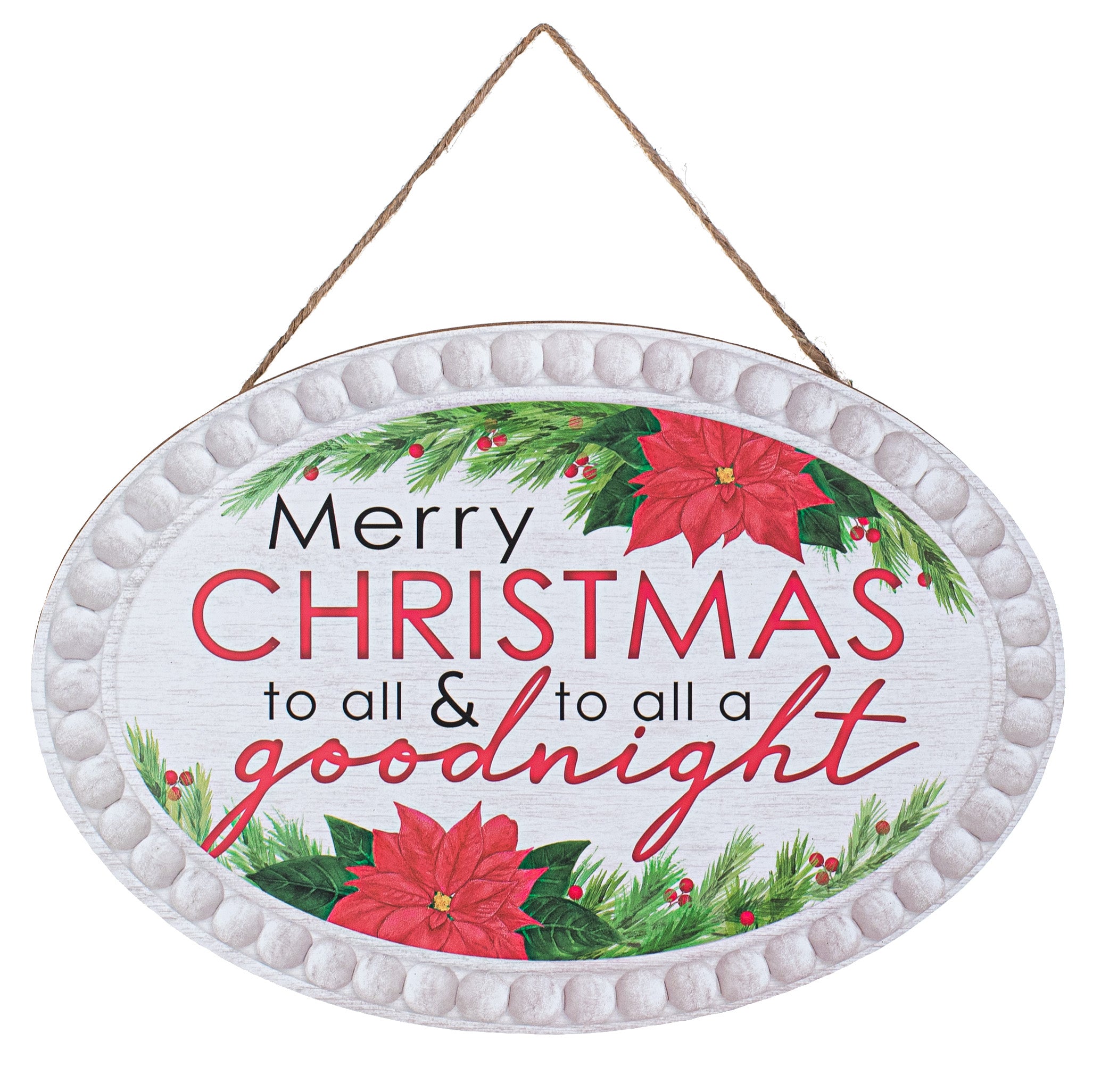 13" Oval Wooden Sign: Bead Edge Merry Christmas Goodnight