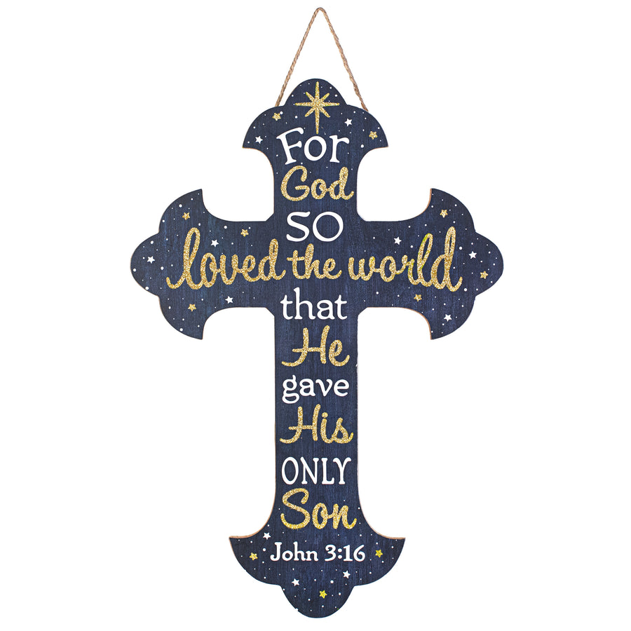 16" Wooden Sign: God So Loved The World Cross