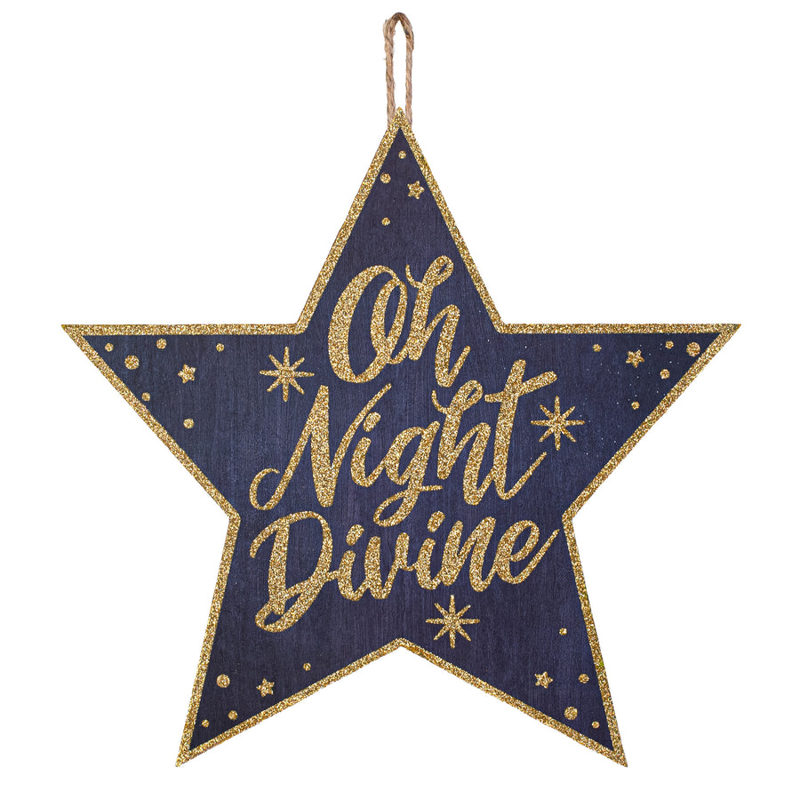 12" Wooden Star Sign: Oh Night Divine Glitter