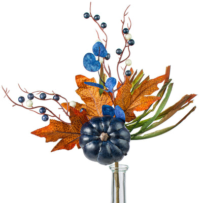 15" Pumpkin Berry Leaf Grass Spray: Navy, Moss & Cream