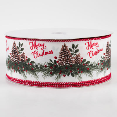 2.5" Satin Merry Christmas Mantle Pinecone Ribbon: White (50 Yards)