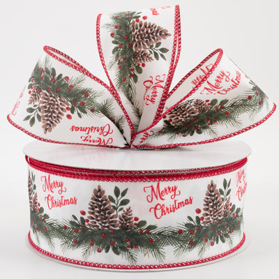 2.5" Satin Merry Christmas Mantle Pinecone Ribbon: White (50 Yards)