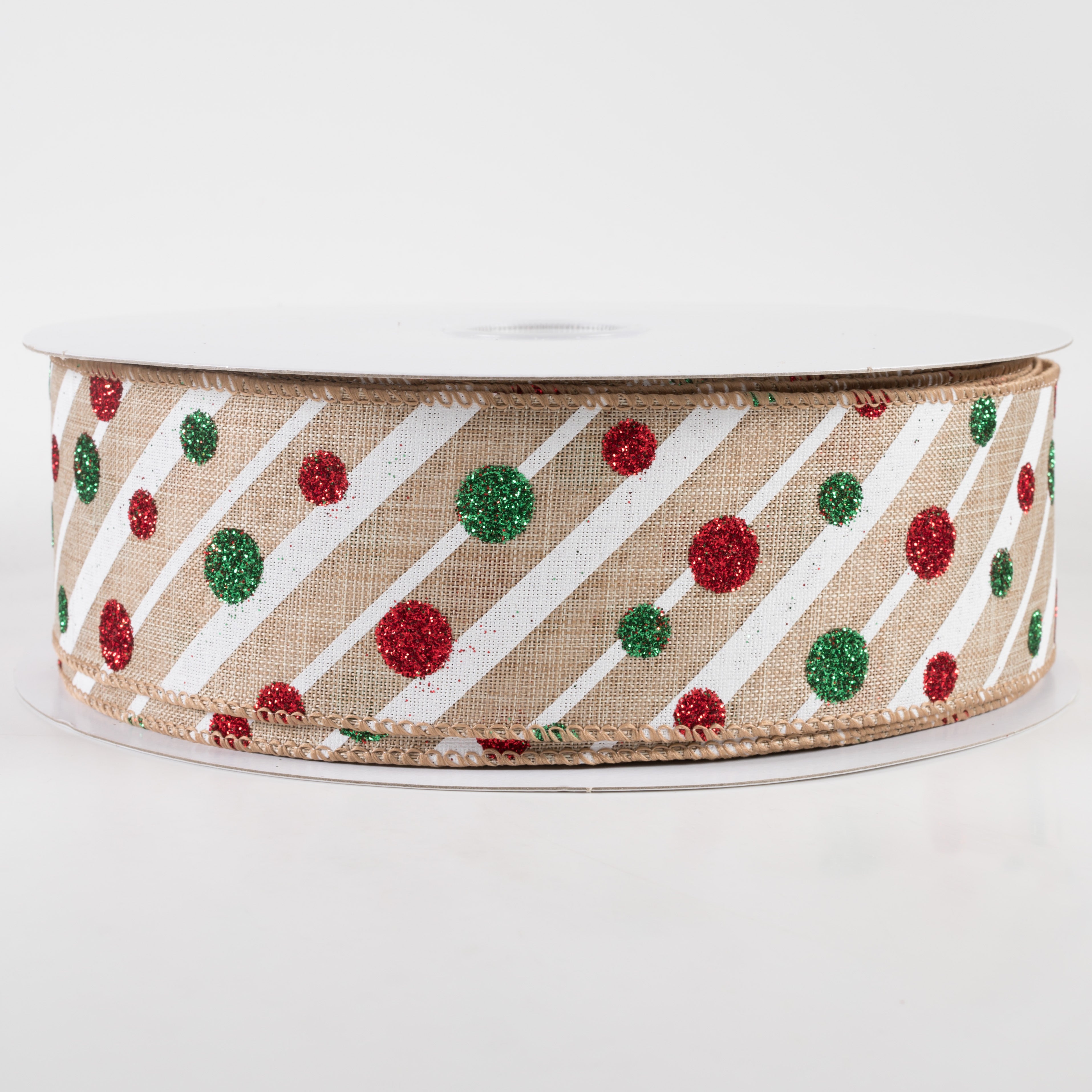 2.5" Linen Stripes and Glitter Dots Christmas Ribbon: Natural (50 Yards)