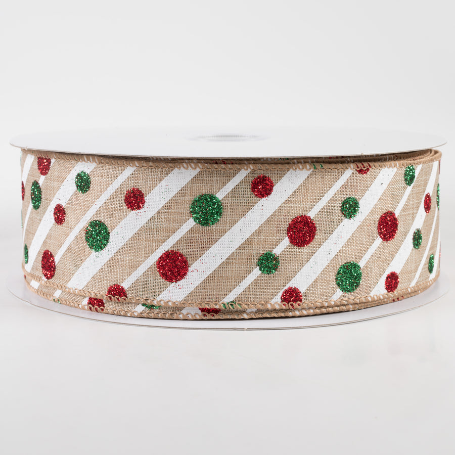 2.5" Linen Stripes and Glitter Dots Christmas Ribbon: Natural (50 Yards)