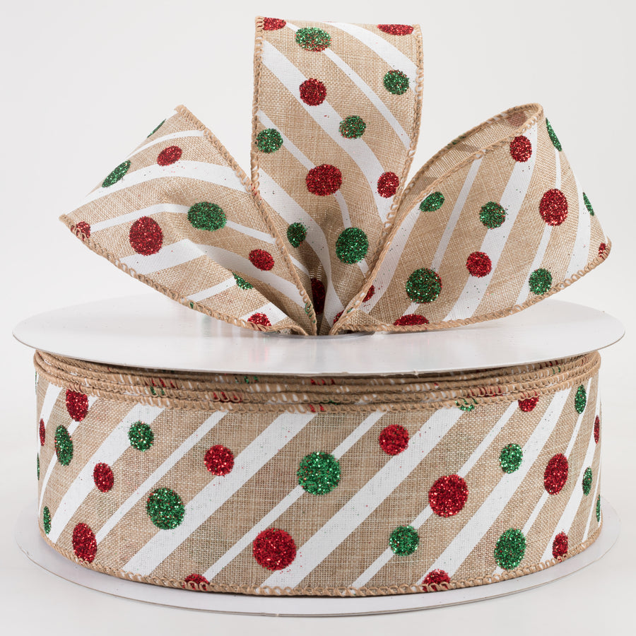 2.5" Linen Stripes and Glitter Dots Christmas Ribbon: Natural (50 Yards)