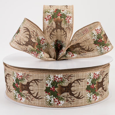 2.5" Textured Linen Deer Head Swag Ribbon: Natural (50 Yards)