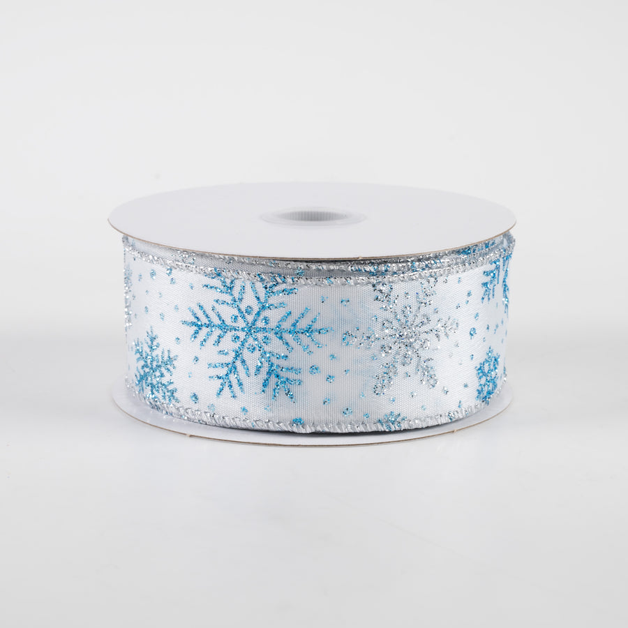 1.5" Satin Turquoise & Silver Glitter Snowflakes Ribbon (10 Yards)