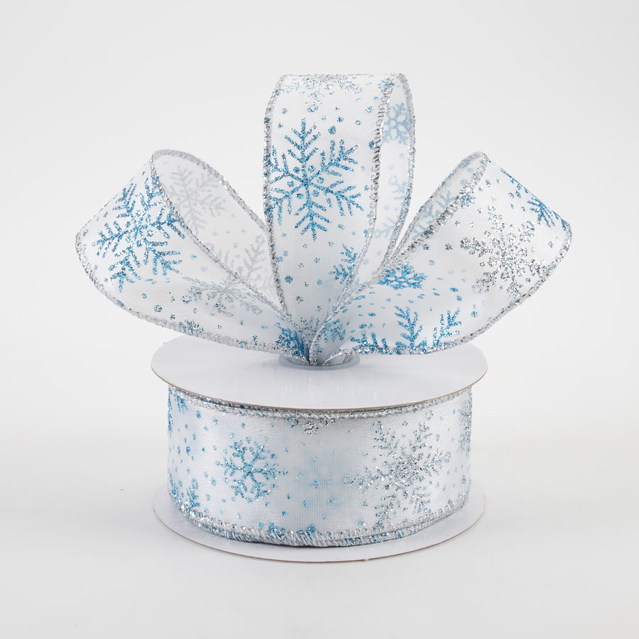 1.5" Satin Turquoise & Silver Glitter Snowflakes Ribbon (10 Yards)