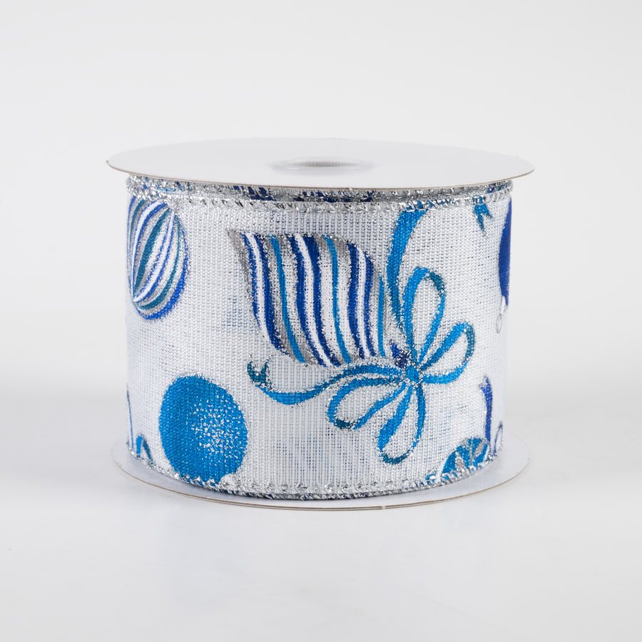 2.5" Blue & Silver Ornaments on White Ribbon (10 yards)