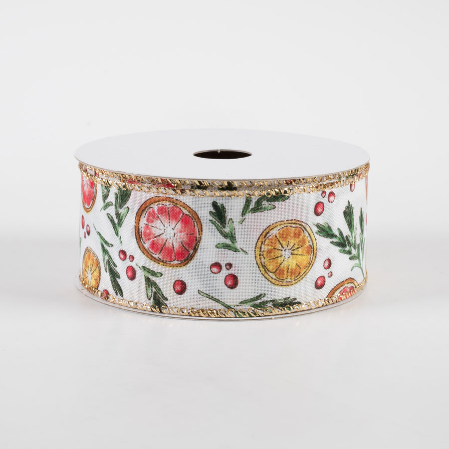 1.5" Watercolor Dried Orange & Citrus Ribbon: White (10 Yards)