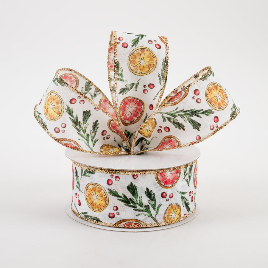 1.5" Watercolor Dried Orange & Citrus Ribbon: White (10 Yards)