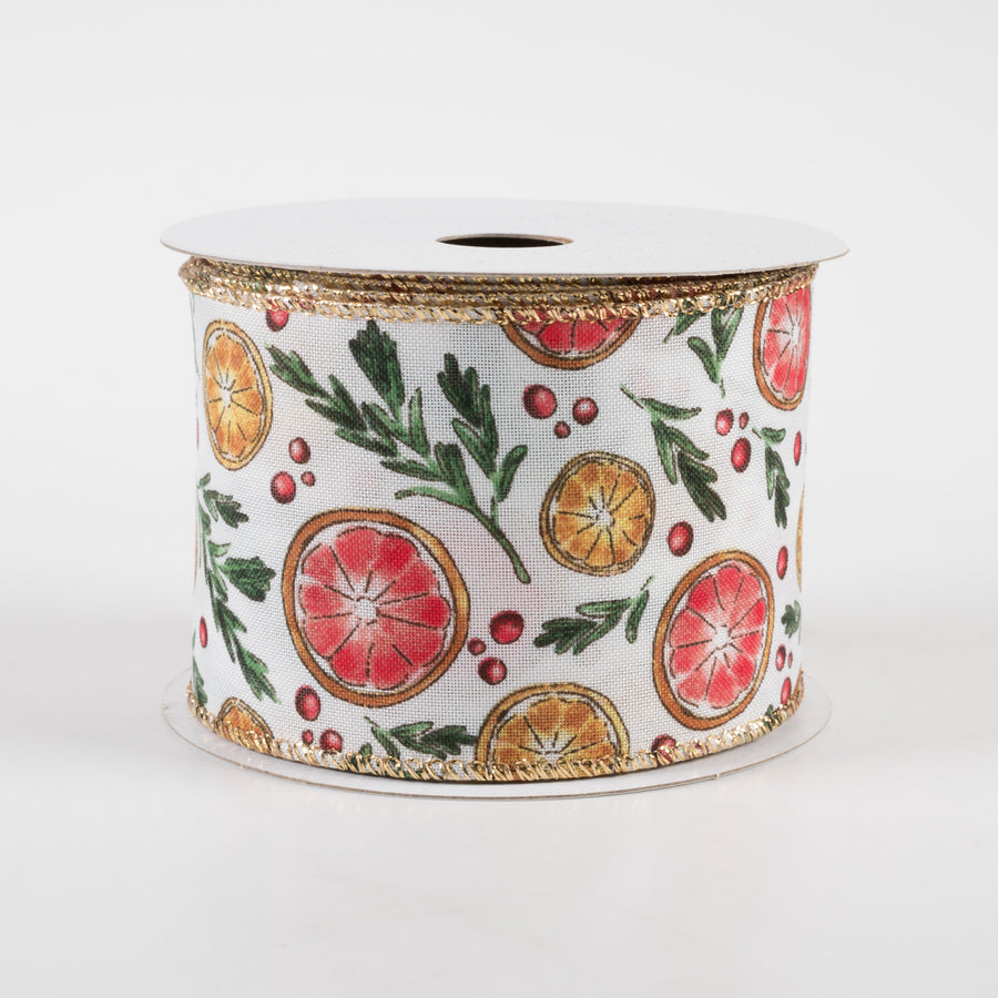 2.5" Watercolor Dried Orange & Citrus Ribbon: White (10 Yards)
