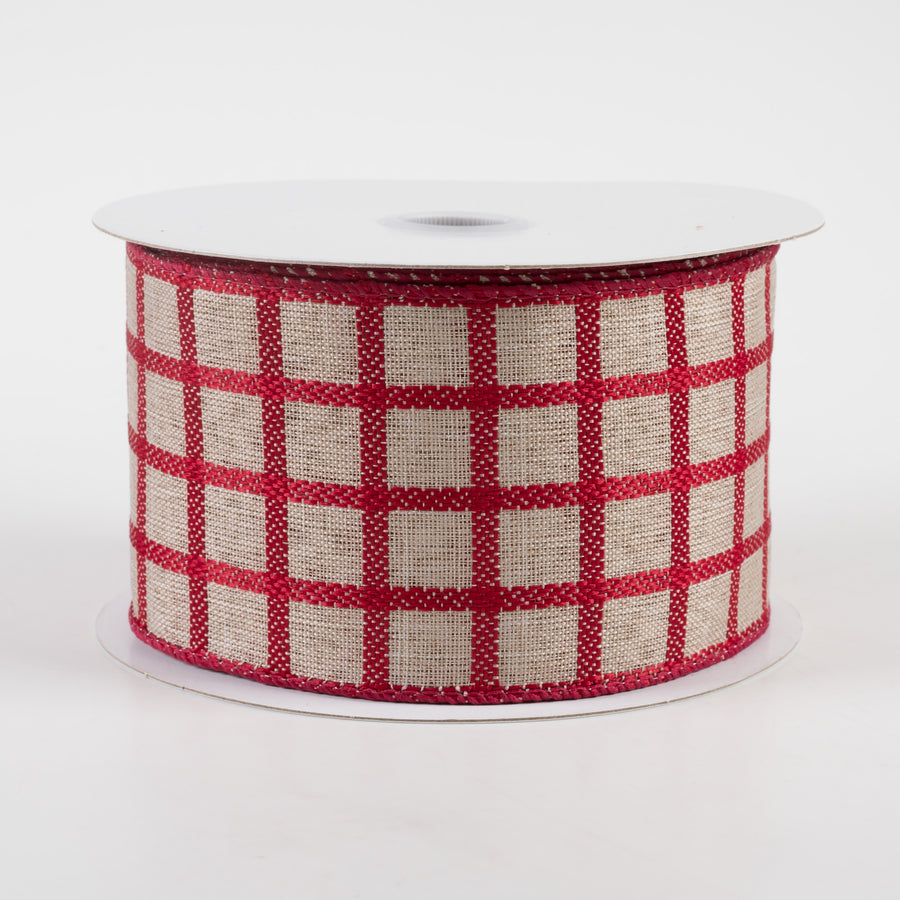 2.5" Woven Trellis Ribbon: Natural & Dark Red (10 Yards)
