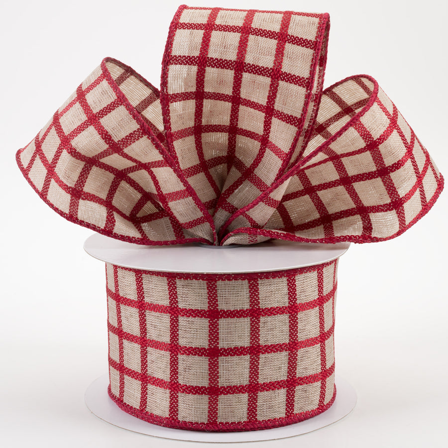 2.5" Woven Trellis Ribbon: Natural & Dark Red (10 Yards)