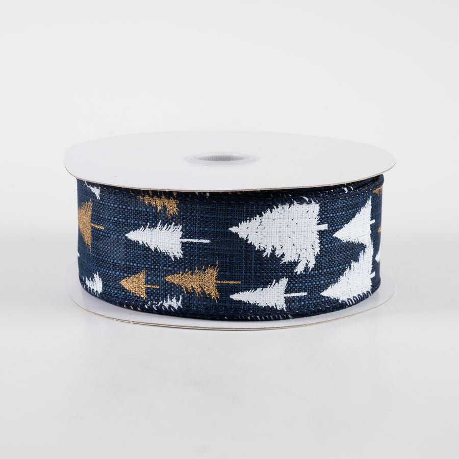1.5" White & Gold Glittered Tree Linen Ribbon: Navy (10 Yards)