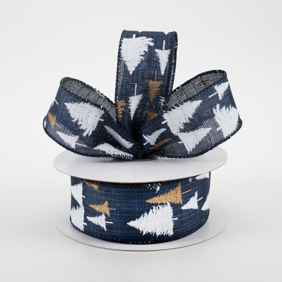 1.5" White & Gold Glittered Tree Linen Ribbon: Navy (10 Yards)