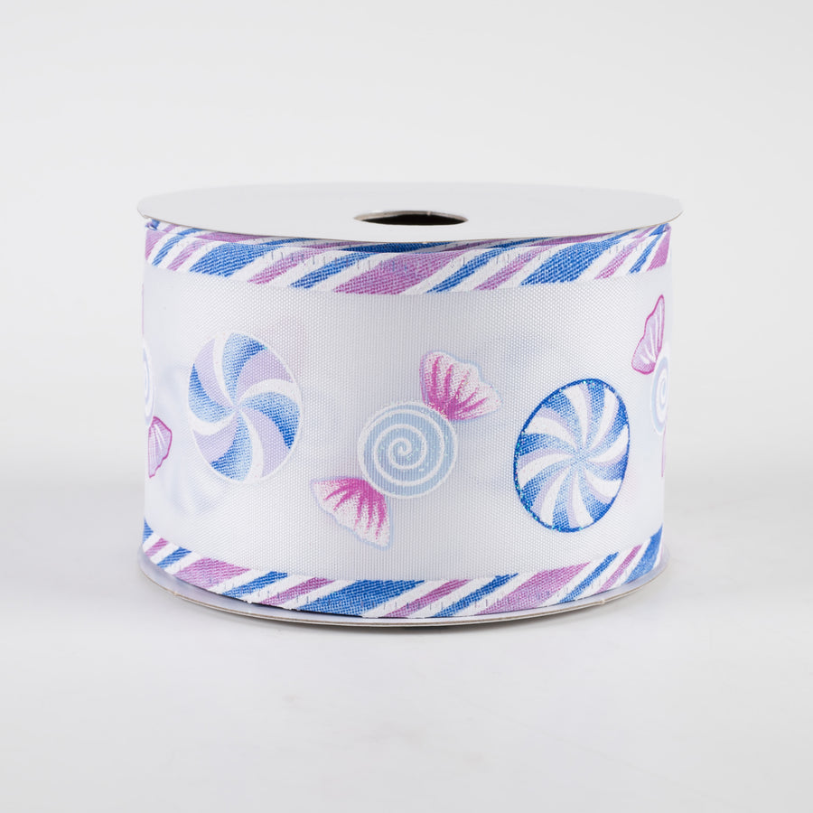 2.5" Christmas Candy Edge Satin Ribbon: White, Blue, Lavender, Pink (10 Yards)