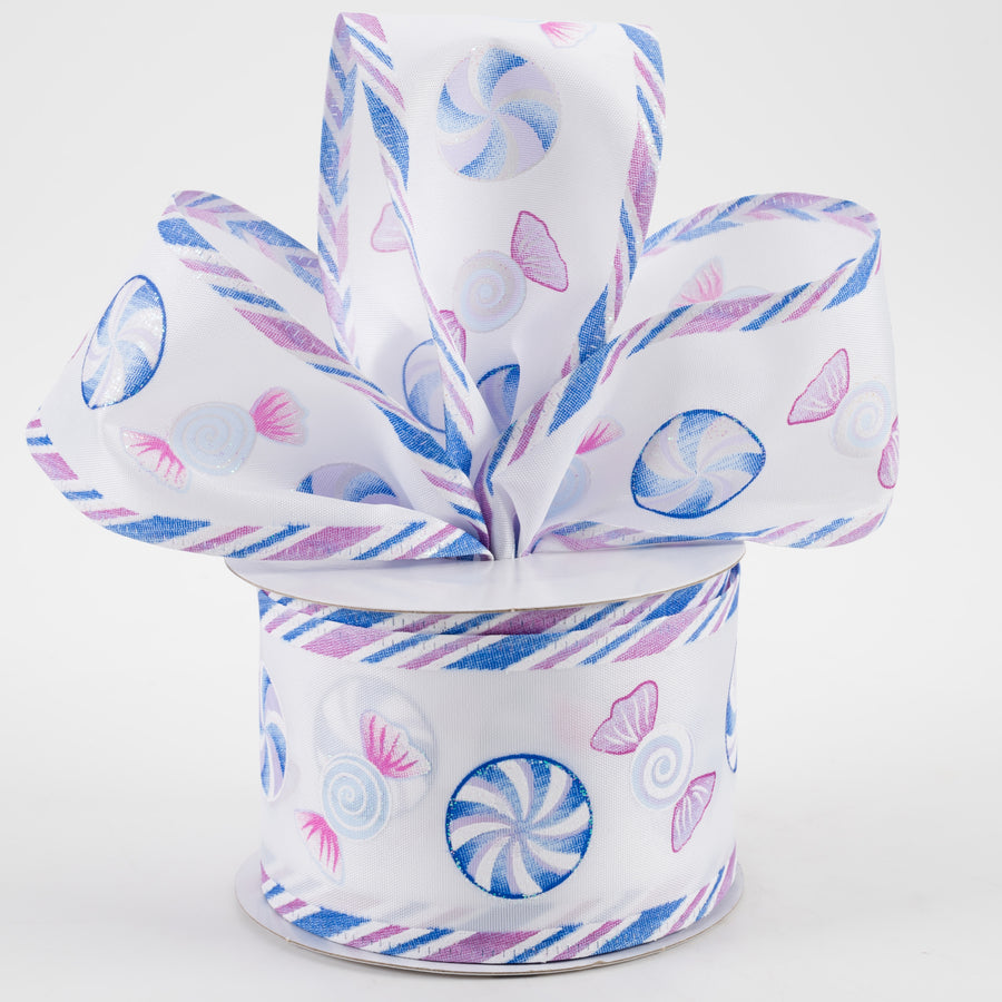 2.5" Christmas Candy Edge Satin Ribbon: White, Blue, Lavender, Pink (10 Yards)