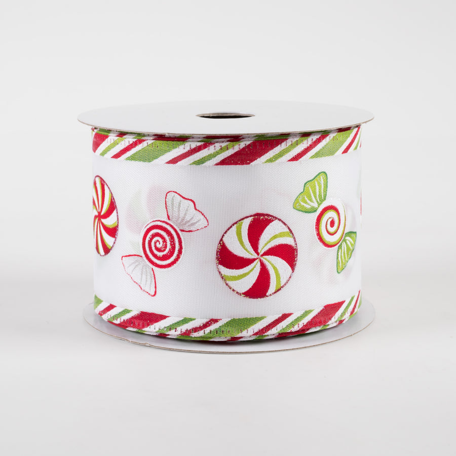 2.5" Christmas Candy Edge Satin Ribbon: White, Green, Red (10 Yards)