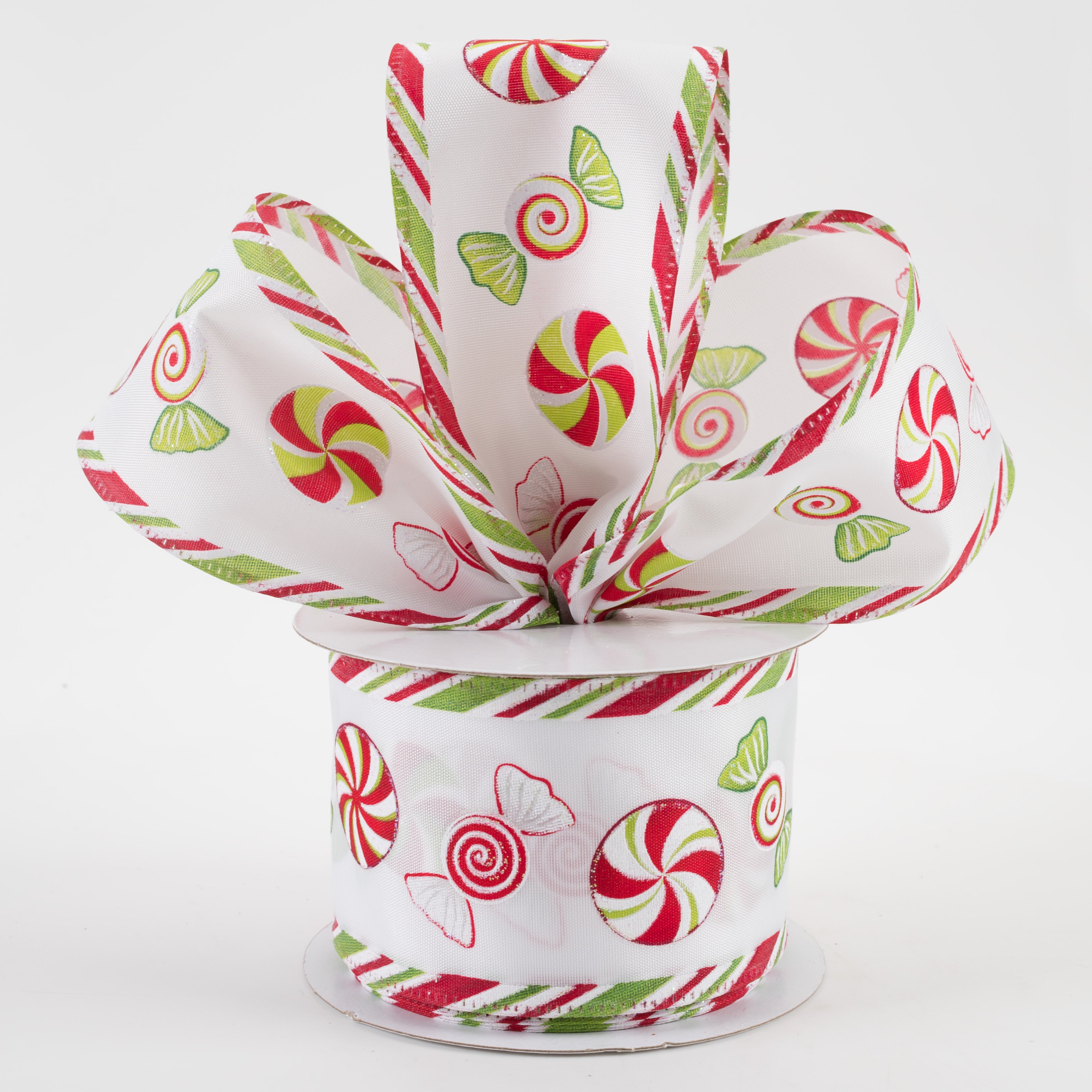 2.5" Christmas Candy Edge Satin Ribbon: White, Green, Red (10 Yards)