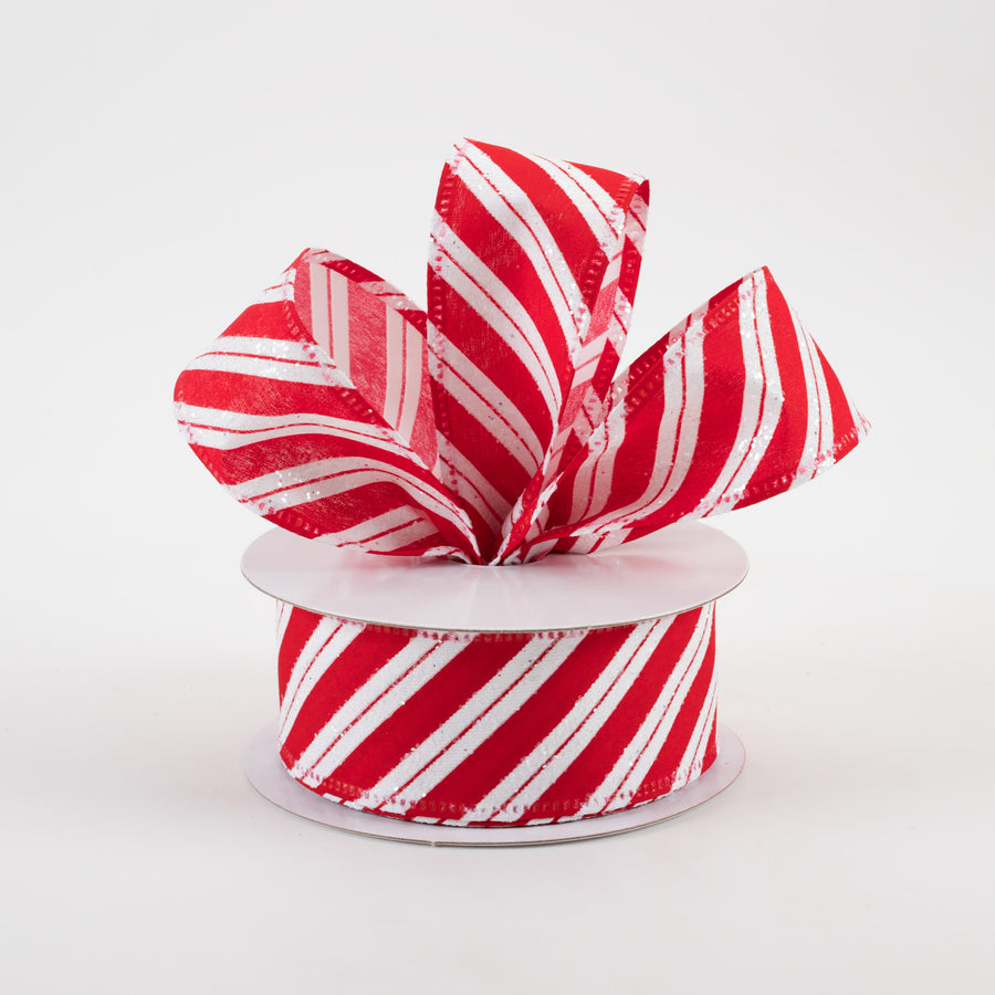 1.5" Hex Glitter Satin Candy Cane Stripes Ribbon (10 Yards)