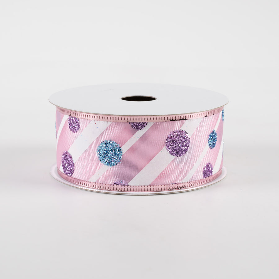 1.5" Satin Stripes and Glitter Dots Ribbon: Pink, White, Blue, Lavender (10 Yards)