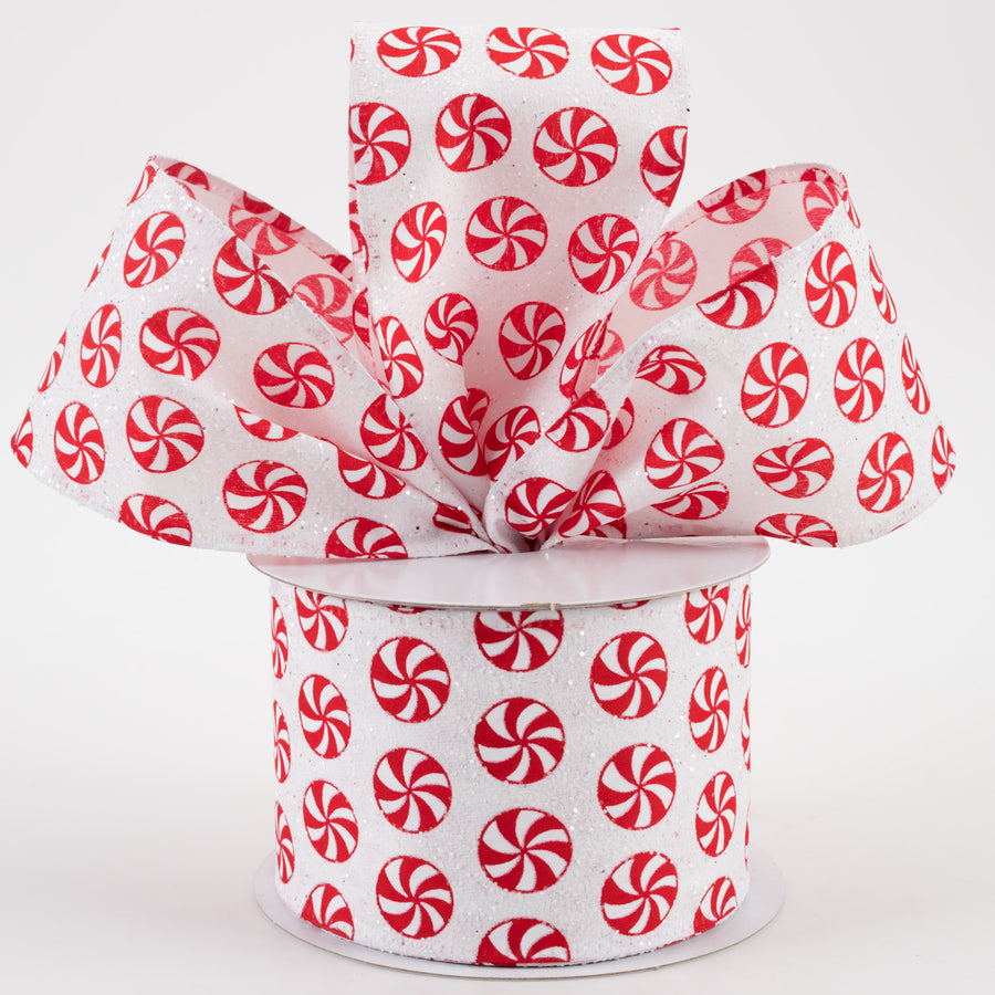 2.5" Peppermints White Glitter Satin Ribbon (10 Yards)