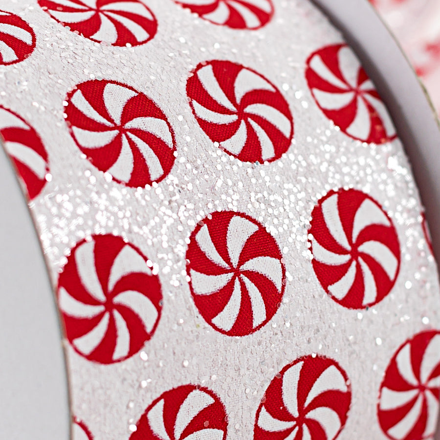 2.5" Peppermints White Glitter Satin Ribbon (10 Yards)