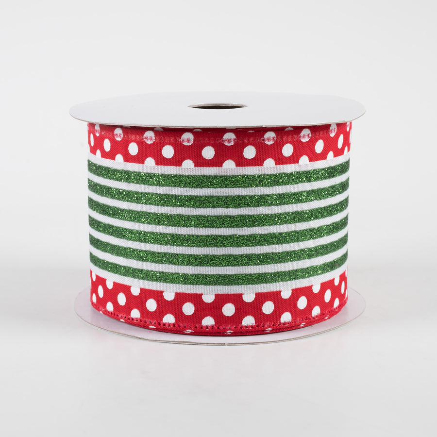 2.5" Glitter Cabana Stripe Dot Edge Ribbon: White, Emerald, Red (10 Yards)