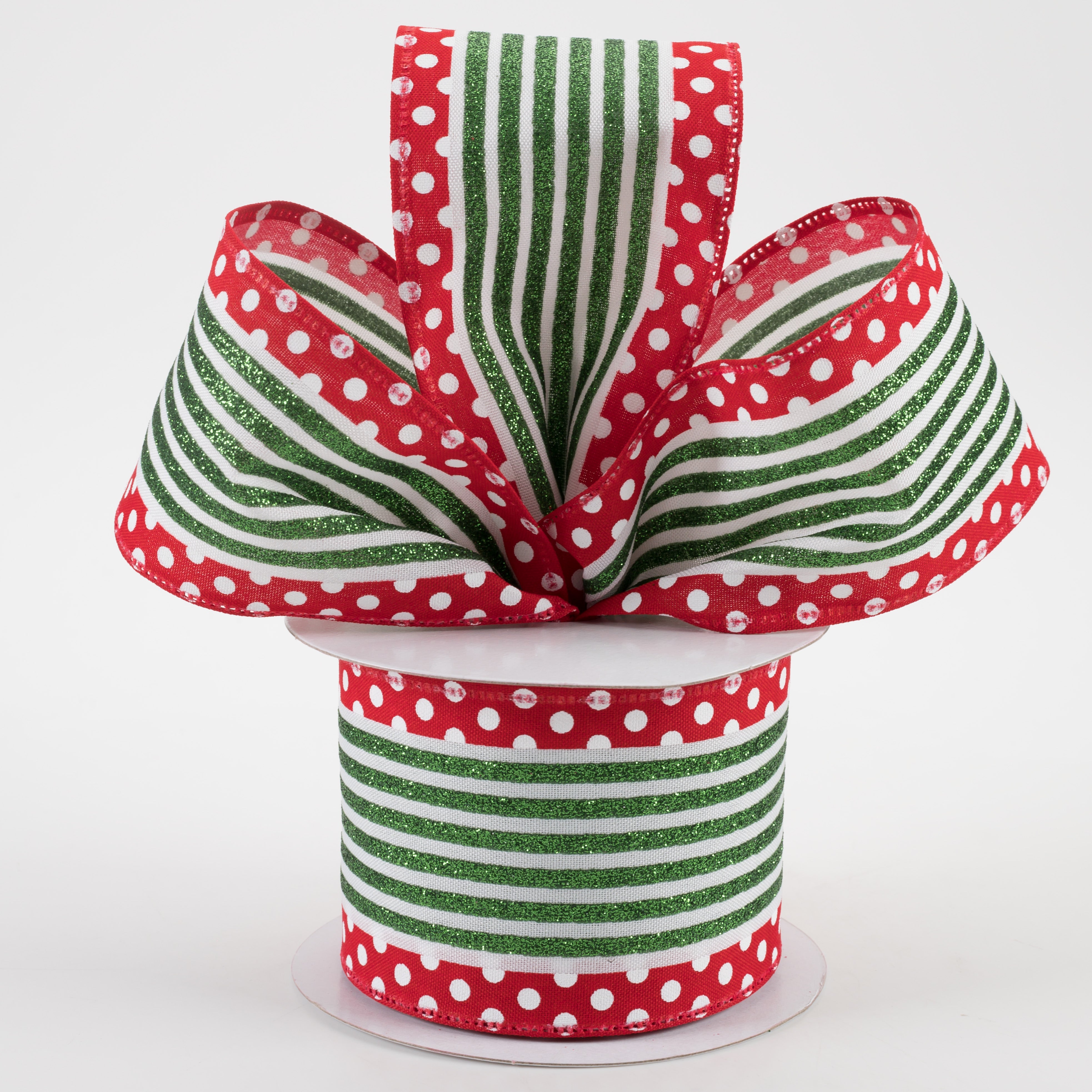 2.5" Glitter Cabana Stripe Dot Edge Ribbon: White, Emerald, Red (10 Yards)