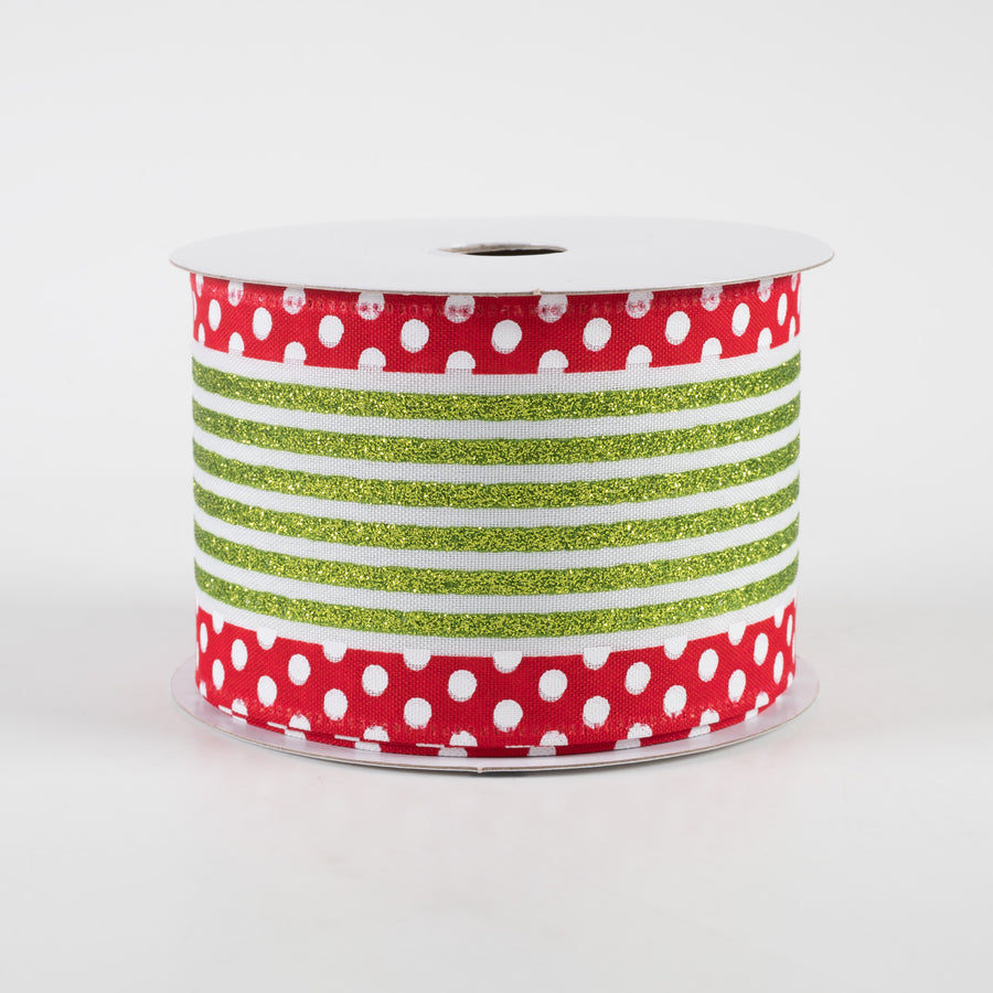2.5" Glitter Cabana Stripe Dot Edge Ribbon: White, Lime, Red (10 Yards)