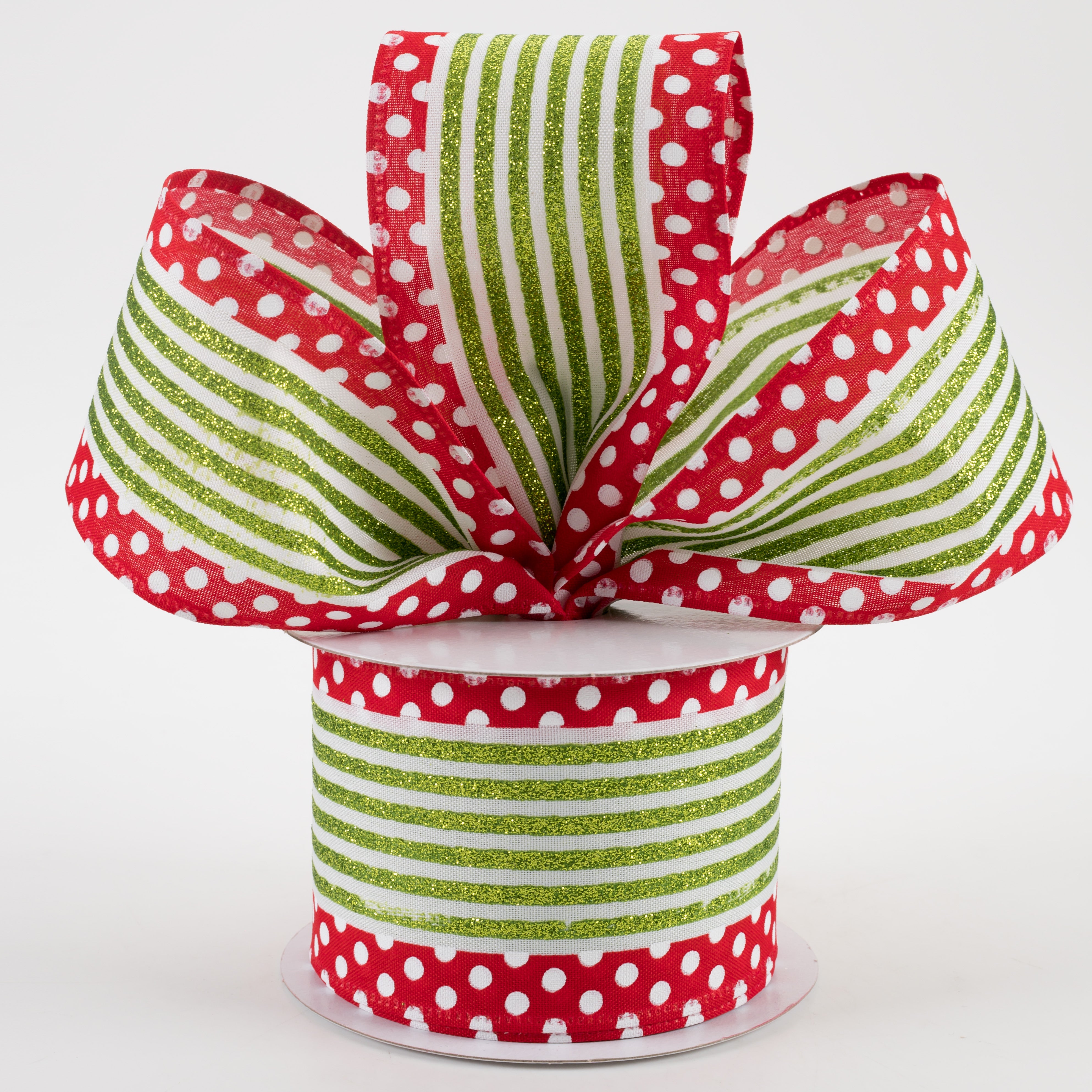 2.5" Glitter Cabana Stripe Dot Edge Ribbon: White, Lime, Red (10 Yards)