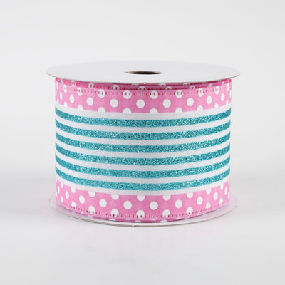 2.5" Glitter Cabana Stripe Dot Edge Ribbon: White, Aqua, Pink (10 Yards)