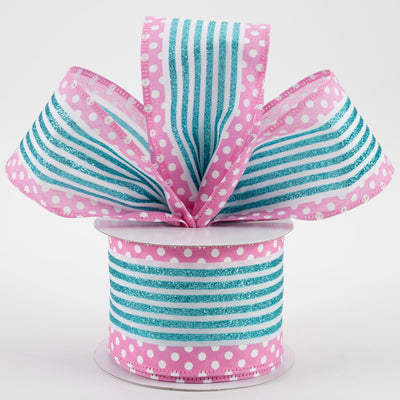 2.5" Glitter Cabana Stripe Dot Edge Ribbon: White, Aqua, Pink (10 Yards)