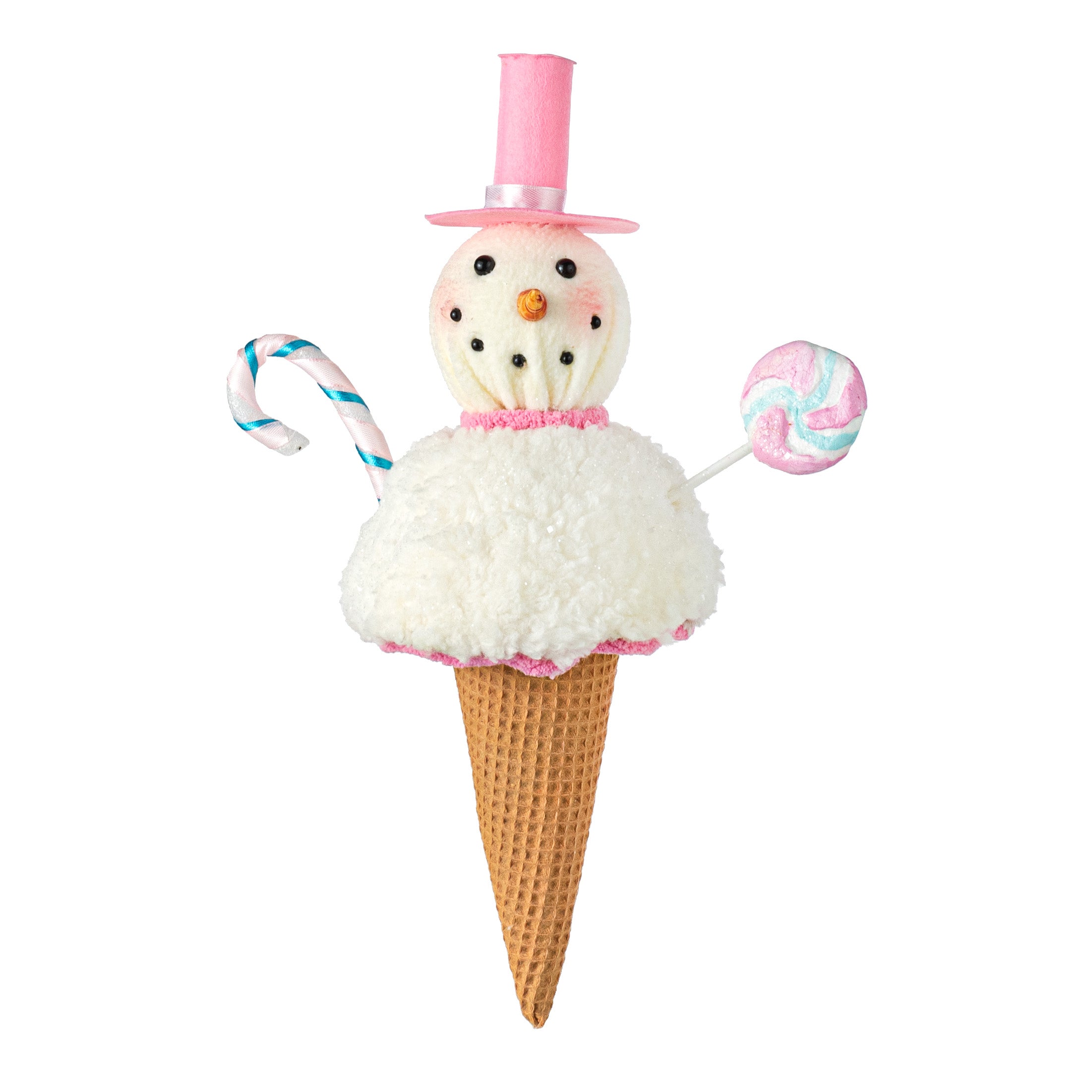 14" Snowman & Candy Ice Cream Ornament: Pink & Blue