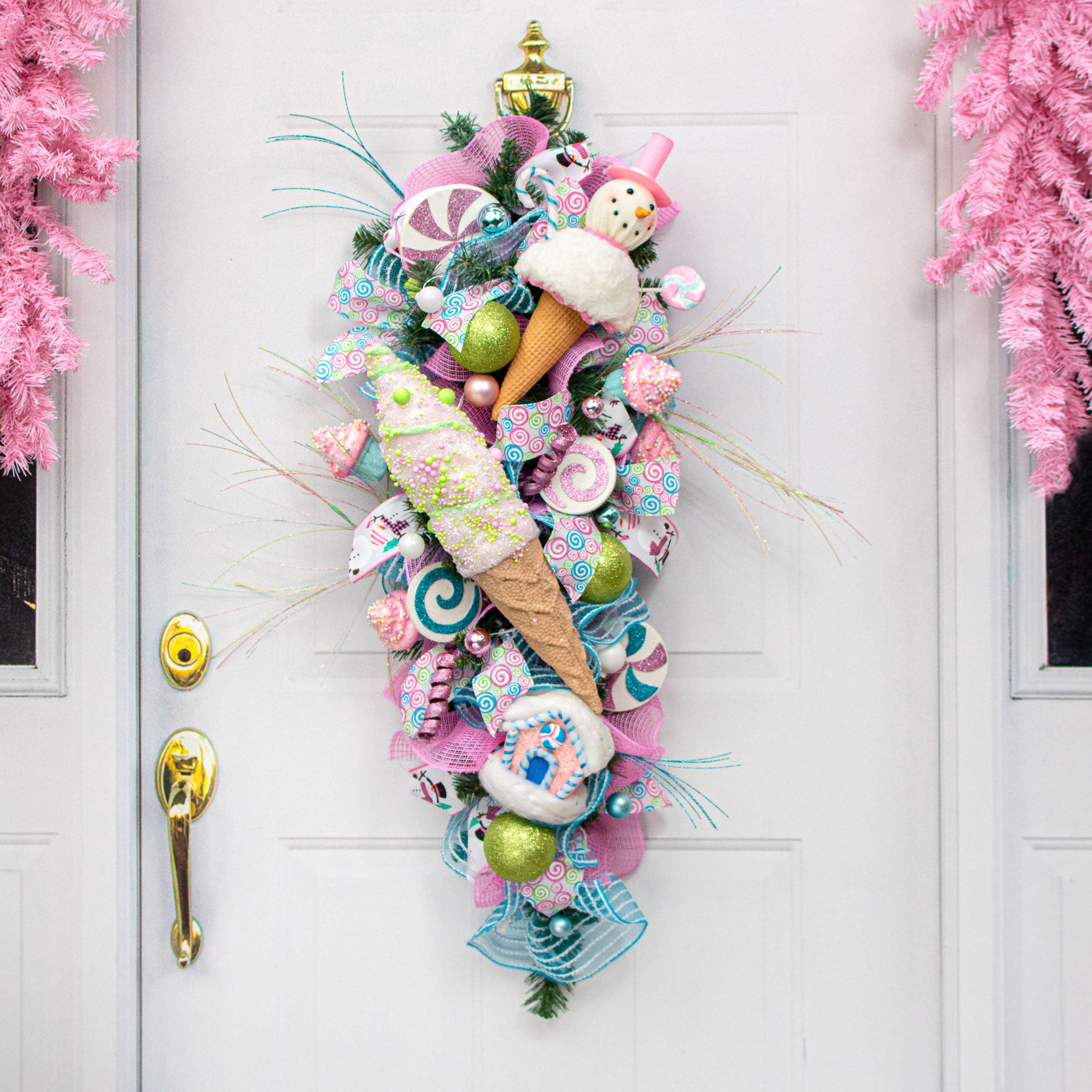14" Snowman & Candy Ice Cream Ornament: Pink & Blue
