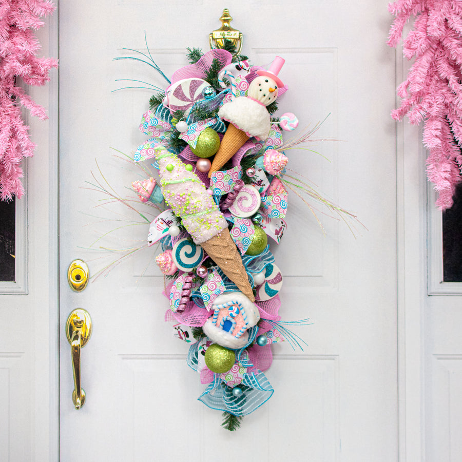 14" Snowman & Candy Ice Cream Ornament: Pink & Blue