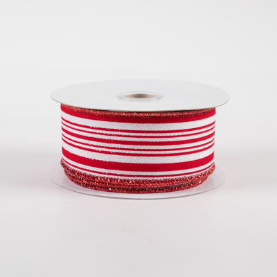 1.5" Iridescent Ticking Stripes Satin Ribbon: White & Red (10 Yards)