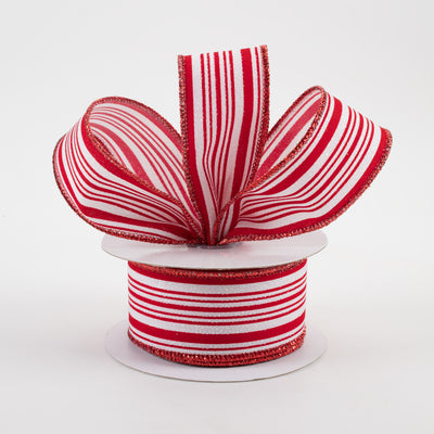 1.5" Iridescent Ticking Stripes Satin Ribbon: White & Red (10 Yards)