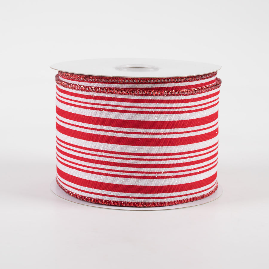 2.5" Iridescent Ticking Stripes Satin Ribbon: White & Red (10 Yards)