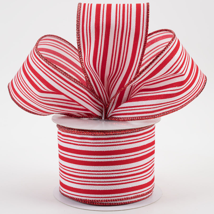 2.5" Iridescent Ticking Stripes Satin Ribbon: White & Red (10 Yards)