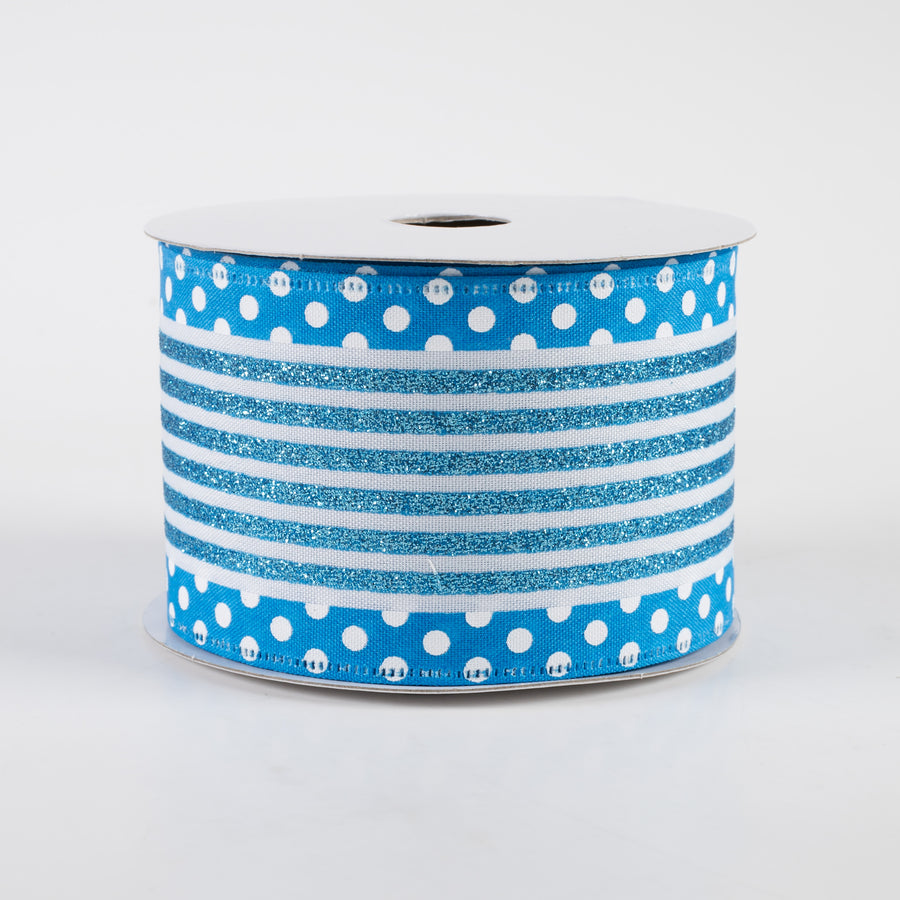 2.5" Glitter Cabana Stripe Dot Edge Ribbon: White, Aqua, Turquoise (10 Yards)