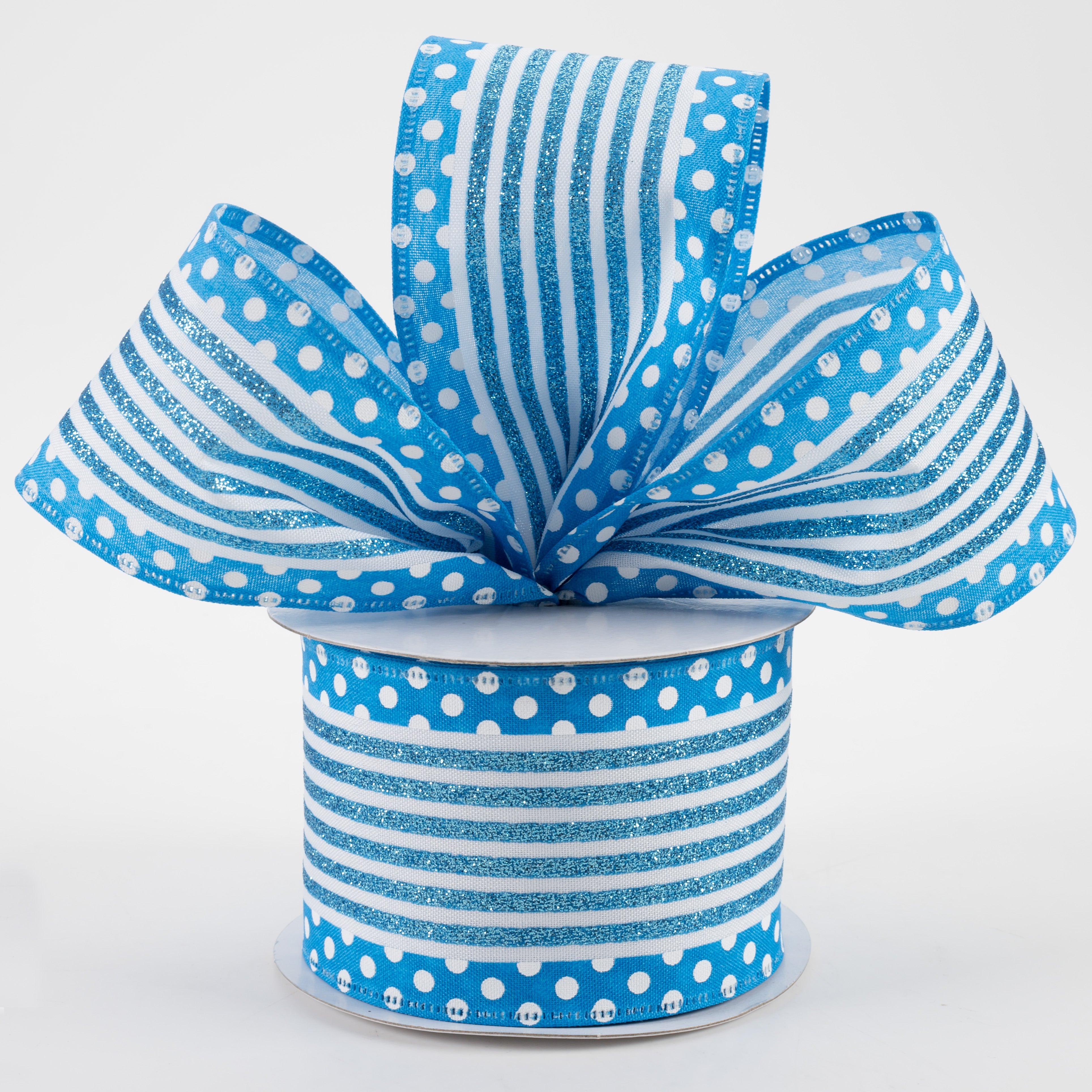 2.5" Glitter Cabana Stripe Dot Edge Ribbon: White, Aqua, Turquoise (10 Yards)